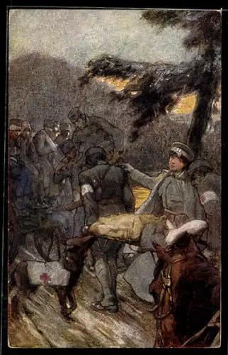 Künstler-AK Rotes Kreuz Nr. 633: Magdalena Dolais von Kozubowski wirbt Träger für Verwundete, Sanitätshunde