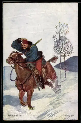 AK Kriegsfürsorge-Karte Nr. 366: Soldat auf Patrouille reitet durch Schneelandschaft, Rotes Kreuz