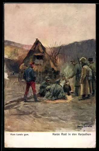 Künstler-AK Hans Larwin: Rotes Kreuz Nr. 395, Kurze Rast in den Karpathen