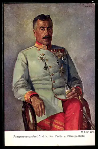 Künstler-AK Armeekommandant G. d. K. Karl Freih. von Pflanzer-Baltin, Rotes Kreuz