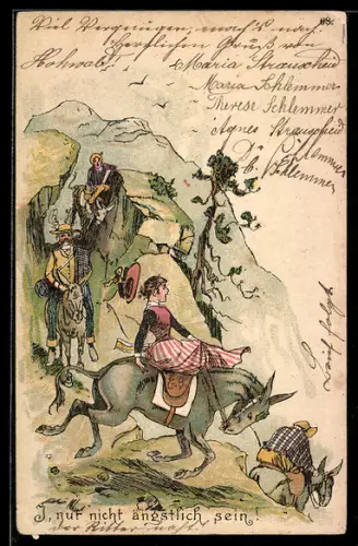 Vorläufer-Lithographie Frau reitet auf einem Maultier bergab, 1894
