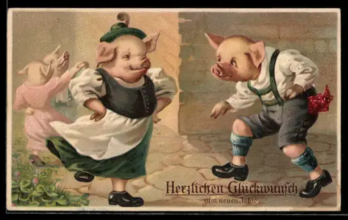 AK Schweine-Paar bei einem Bauerntanz, vermenschlichte Tiere