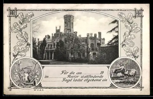 AK Einladungskarte zur Jagd, Schlossansicht und Hirschmotiv
