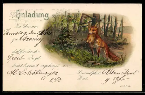 AK Einladungskarte zur Jagd, Fuchs mit erlegtem Hasen