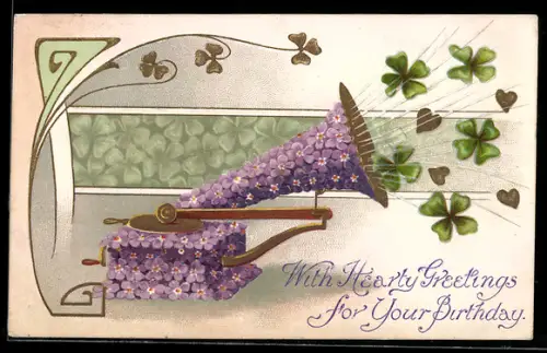 AK Grammophon aus Vergissmeinnicht und Glücksklee, Blumenbild