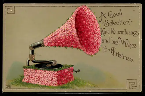 AK Grammophon aus roten Blüten, Herzlichen Glückwunsch zum neuen Jahre! Blumenbild