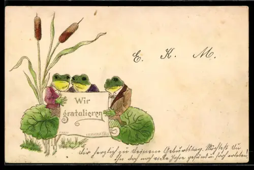 AK Frösche mit Gratulationsschreiben, vermenschlichte Tiere