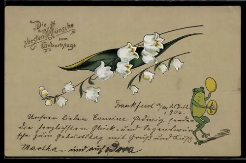 AK Frosch mit Becken und Maiglöckchen, vermenschlichte Tiere