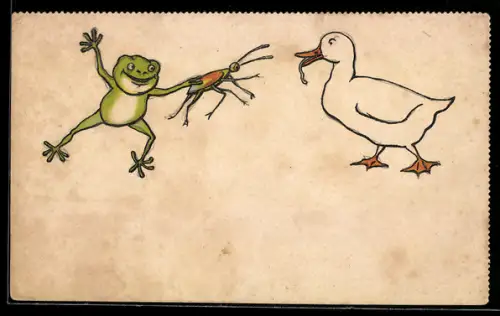 AK Frosch präsentiert einer Ente eine Grille, vermenschlichte Tiere