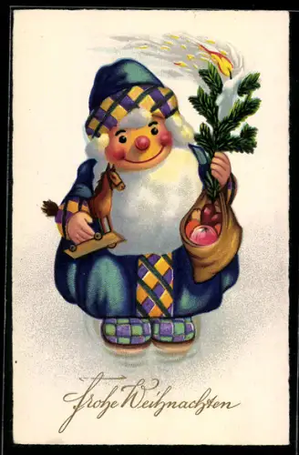 AK Weihnachtsmann mit Tannenzweig und Holzpferd