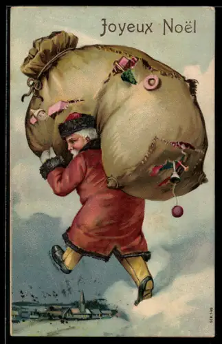 Lithographie Fröhliche Weihnachten, Weihnachtsmann auf Wolke