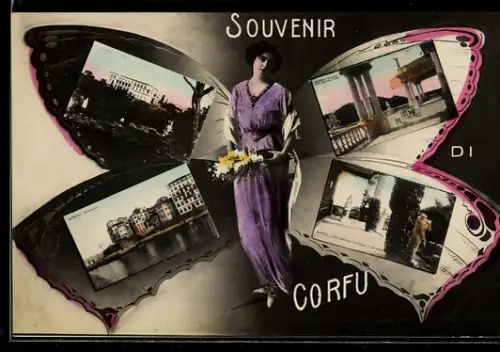 AK Corfu, Débarcadère, Villa Imperiale Achilleion und Terrasse in Schmetterlingsflügeln, Fliegende Menschen