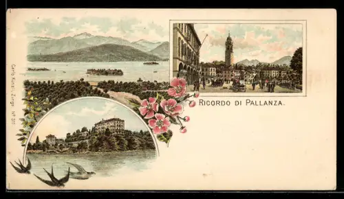 Lithographie Pallanza, Ortspartie mit Turm, Seepartie mit Gebirge