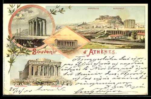 Lithographie Athène, Acropole, Temple de Jupiter, Parthénon