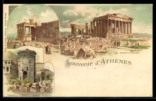Lithographie Athènes, Le Parthénon, Temple d`Eole, l`Erechtée