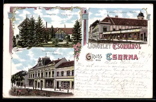 Lithographie Csorna, Villa Sugar, Kloster, Sparkasse