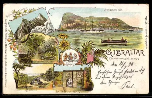 Lithographie Gibraltar, Gesamtansicht, Batterie, Öffentlicher Garten