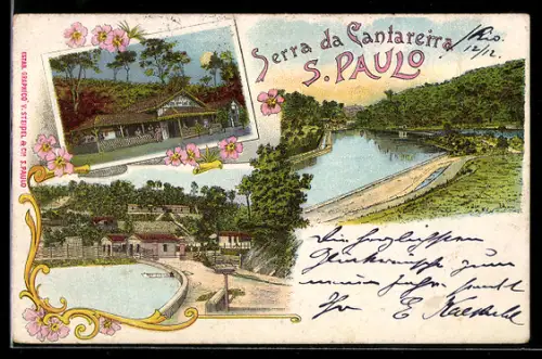 Lithographie S. Paulo, Fluss, Ortspartie im Grünen und Gasthof