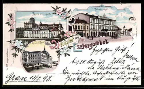 Lithographie Esztergom, Primás Kert, Bazilika primási palota, Takarék pénztár, Pferdekutsche