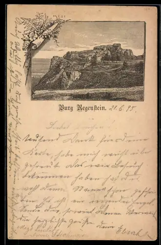 Vorläufer-Lithographie Blankenburg /Harz, 1895, Darstellung der Ruine Regenstein