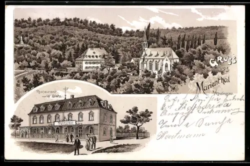 Lithographie Marienthal i. Rheingau, Restaurant von W. Gietz, Teilansicht des Ortes mit Kirche
