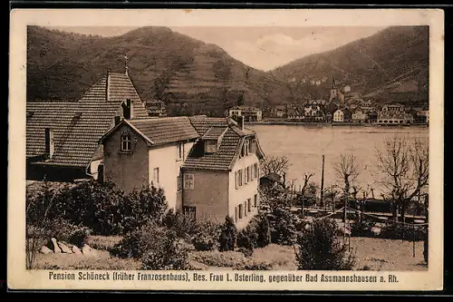 AK Trechtlingshausen, Pension Schöneck, Bes. Frau L. Österling, Blick auf Assmannshausen a. Rhein