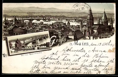 Vorläufer-Lithographie Mainz, 1894, Anblick der neuen Rheinbrücke, Stadtansicht mit Kirche