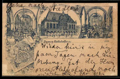 Vorläufer-Lithographie Bremen, 1895, Gasthaus Rathskeller, Innenansicht, Rathaus