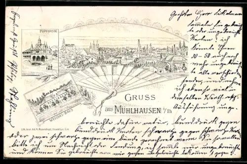 Vorläufer-Lithographie Mühlhausen i. Th., 1895, Gasthaus Weisses Haus, Popperode, Totalansicht der Stadt
