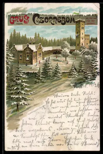 Winter-Lithographie Czorneboh, Aussichtsturm im Schnee