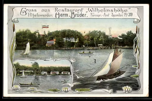 AK Berlin-Pichelswerder, Restaurant Wilhelmshöhe am See mit Booten, Ortspartie