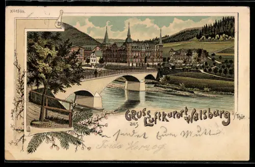 Lithographie Walsburg i. Thür., Flusspartie mit Brücke