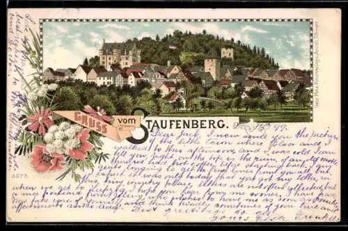 Lithographie Staufenberg, Ortsansicht mit Kirche und Schloss