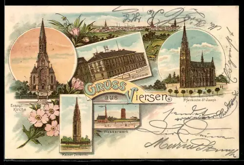 Lithographie Viersen, Wasserwerk, Rathaus, Kaiserdenkmal, Evangel. Kirche
