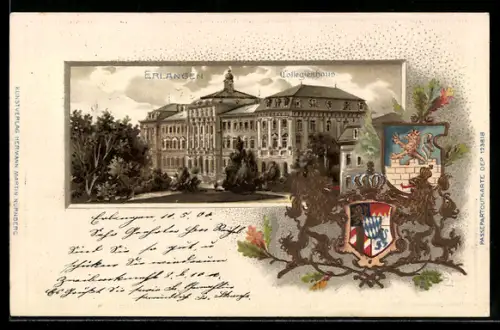 Passepartout-Lithographie Erlangen, Collegienhaus, Wappen, Um 1900