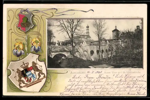 Passepartout-Lithographie Augsburg, Rotes Tor und St. Ulrichskirche, Wappen