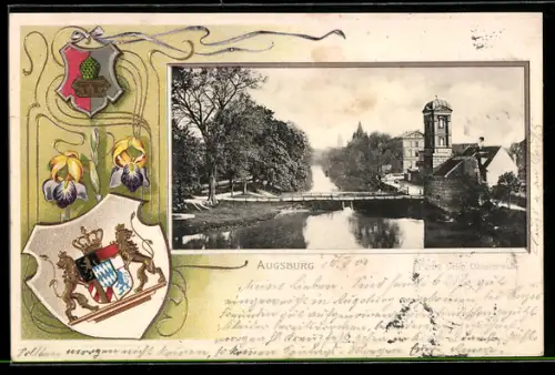 Passepartout-Lithographie Augsburg, Partie beim Oblaterwall, Wappen