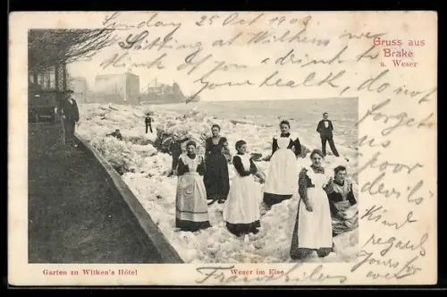 AK Brake, Garten zu Wilken's Hotel, Weser im Eise mit Hausangestellten