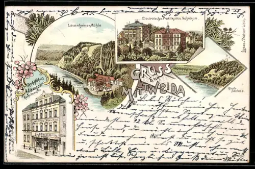 Lithographie Mittweida, Geschäftshaus A. Alexander, Rochlitzer Str., Lauenhainer Mühle, Technikum und Schloss