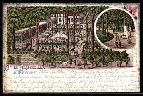 Lithographie Erfurt, Gasthaus Actien-Felsenkeller mit Kundschaft