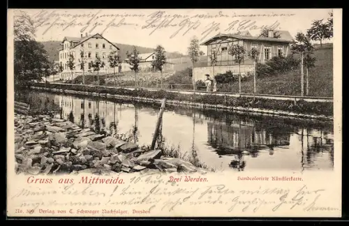 AK Mittweida, Strassen- und Kanalpartie Drei Werden