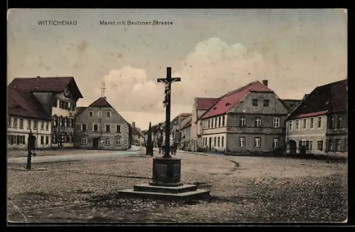 AK Wittichenau, Markt mit Bautzner Strasse