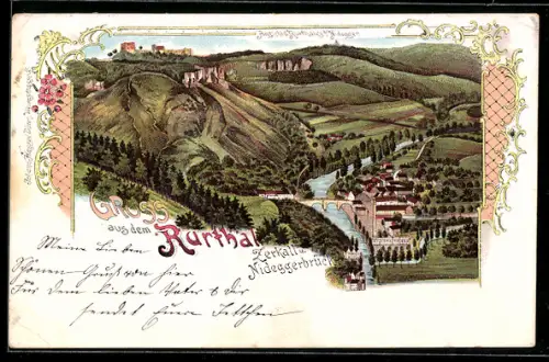 Lithographie Zerkall /Nideggen, Ansicht des Ruhrtals bei Nideggen