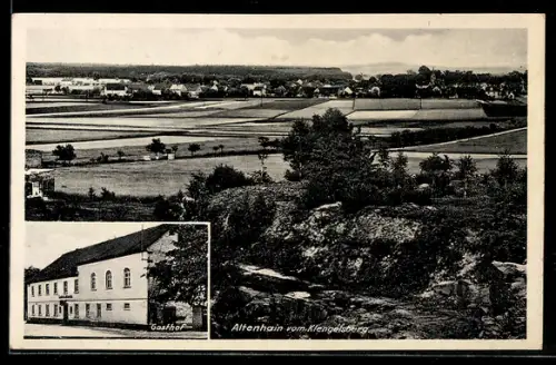 AK Altenhain / Trebsen, Gasthof Gebäudeansicht, Ortschaft vom Klengelsberg gesehen