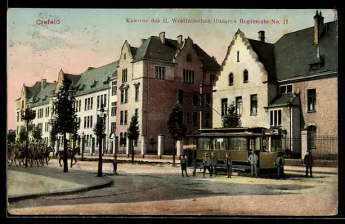 AK Crefeld, Kaserne des II. Westfälischen Husaren Regiments No. 11, Strassenbahn