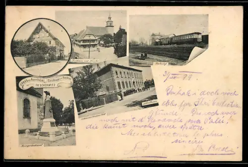 AK Auenheim, Gasthaus zum Hechten von Fr. Scherwitz, Bahnhof, Schulhaus, Kriegerdenkmal, Rathaus und Kirche