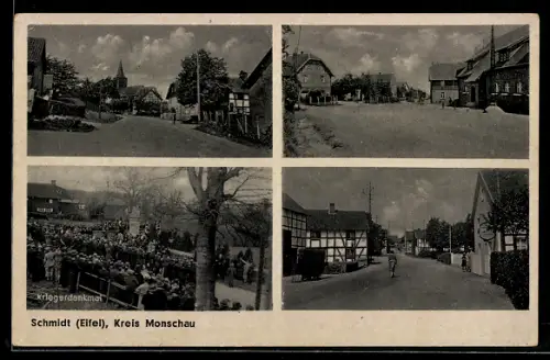 AK Schmidt /Monschau, Strassenpartie mit Blick zur Kirche, Kriegerdenkmal, 