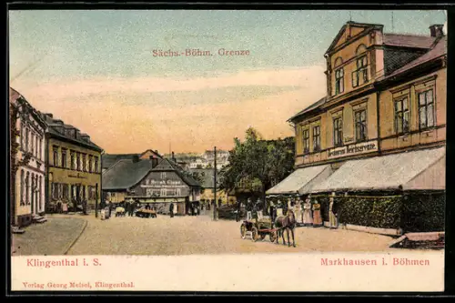 Relief-AK Klingenthal i. S., Sächs.-Böhm.Grenze, Restaurant Reichsgrenze, Markhausen i. Böhmen