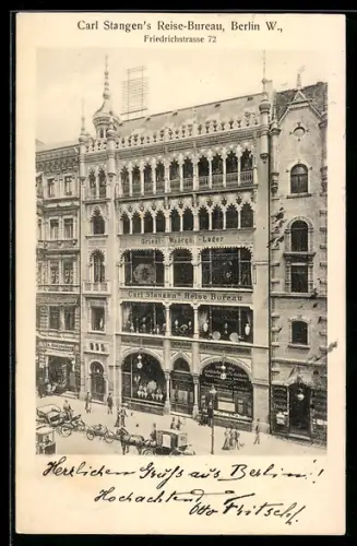 AK Berlin, Reisebüro von Carl Stangen in der Friedrichstrasse 72 mit Warenlager