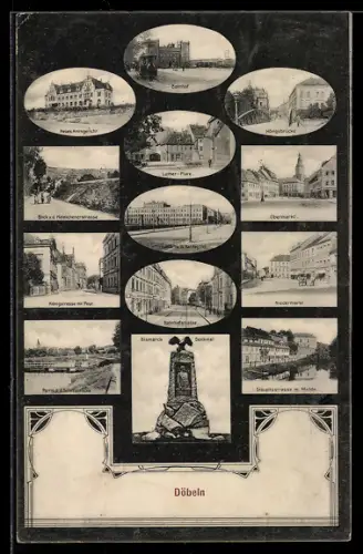 Mikroskop-AK Döbeln, Bahnhof, Partie am Luther-Platz, Neues Amtsgericht und Bismarck-Denkmal